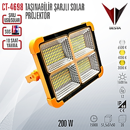 CATA CT-4698 TAŞINABİLİR ŞARJLI SOLAR PROJEKTÖR 200W 1600 LÜMEN (3 IŞIK AYARI)