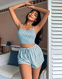 Kadın Mavi Çizgili Desenli Askılı Şortlu Pijama Takım 5001