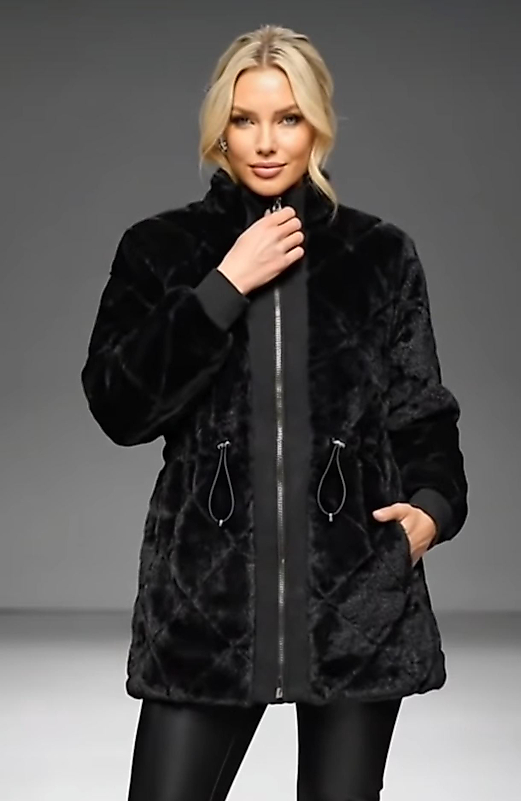 Kürklü Fermuarlı Siyah Mont