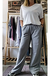 Gri Keten Geniş Paça Rahat Form Kadın Palazzo Pantolon