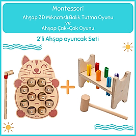 Montessori 3 Boyutlu Ahşap  Balık Tutma Oyunu + Montessori Ahşap Çak-Çak Çekiç Oyunu
