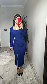 BÜZGÜ DETAY MİDİ ELBİSE SAKS