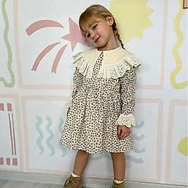 Çiçekli  Yakası ve kolları Güpürlü Vintage Kız Çocuk Elbise