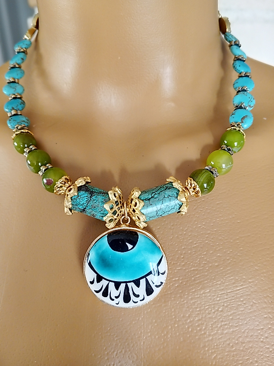 TURKUAZ AKİK SERAMİK GÖZ KOLYE