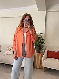Turuncu Oversize Keten Gömlek
