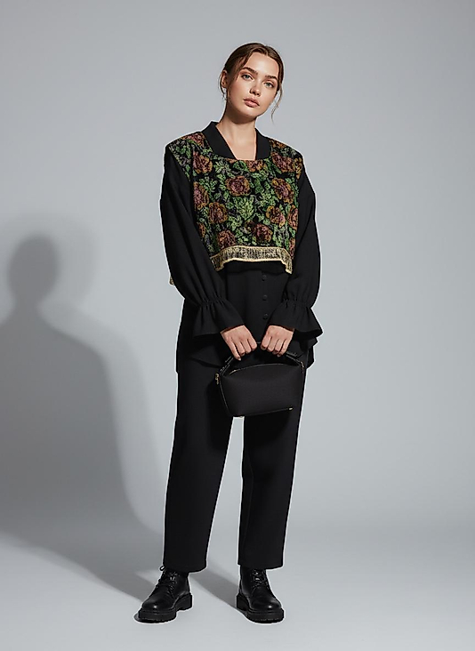 Luna Desenli Yelek ve Siyah Pantolon Kadın Takım