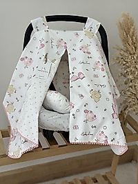 Çift Taraflı Puset Örtüsü+puset Minderi+puset Çarşafı 3'lü Set Pembe Baby Love Bird