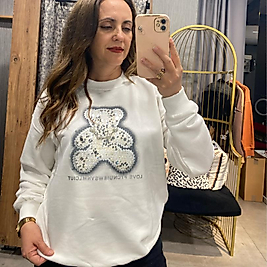 Taş İşlemeli Ayıcıklı Şardonsuz Beyaz Sweat