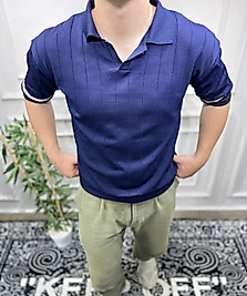 Çizgi Şeritli Polo Yaka Triko - Lacivert