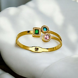 Çelik kelepçe bileklik yeşil mavi pembe taşlı gold 6 cm