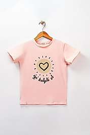 Kız Çocuk Kısa Kollu Bisiklet Yaka "İyi Kalpli Ol!" Baskılı Tişört Mevsimlik Pamuklu