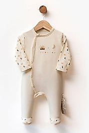 Ay Güneş Desenli Çapraz Çıtçıtlı Bebek Tulum 0-9 Ay Bej