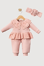 Pudra Fistolu Yaka Kız Bebek Tulum Takım + Saç Bandı 0-12 Ay