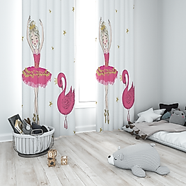 Minibabyrooms Pembe Balerin Kız ve Kuğu Desenli Fon Perde