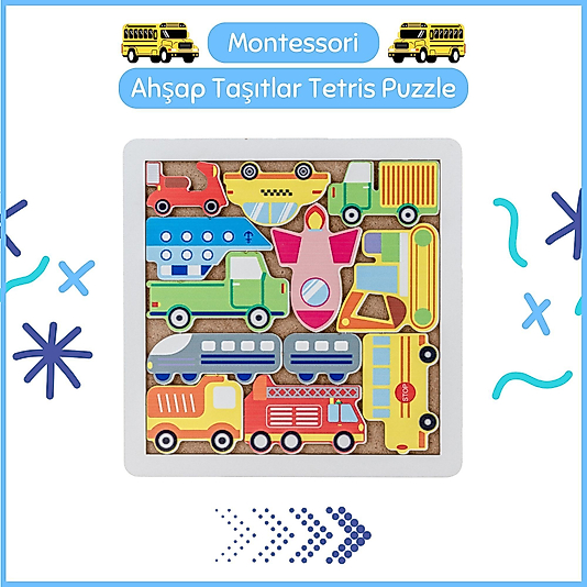 Montessori Ahşap Taşıtlar Tetris Puzzle