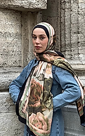 Siyah-Yeşil Gül Desen Bambu Şal