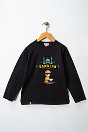 Erkek Çocuk Uzun Kollu Bisiklet Yaka "Ramazan" Baskılı Tişört Mevsimlik Pamuklu