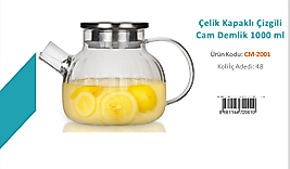 ÇELİK KAPAKLI ÇİZGİLİ CAM DEMLİK 1000 ML