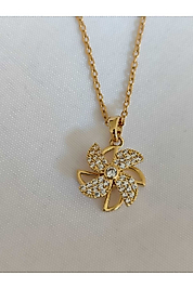 Zirkon Taşlı Stres Çarkı Rüzgar Gülü Detay Gold Renk 316L Paslanmaz Kararmaz Çelik Kolye