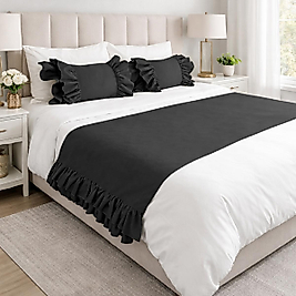 Çift Kişilik Yatak Runner Seti Siyah Fırfırlı