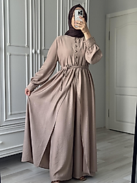 Yarım Düğmeli Abaya Takım - Vizon