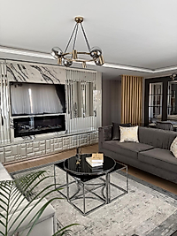 PARLAK KROM YUVARLAK 4+1 PİZZA ORTA SEHPA KOMPLE SİYAH AYNA