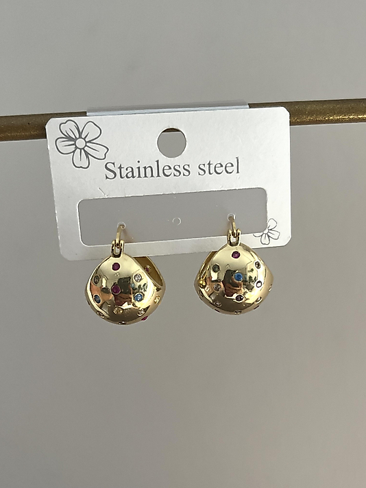 Çelik Renkli Taş Detaylı Top Küpe