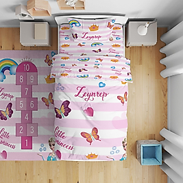 Minibabyrooms  Pembe Beyaz Şeritli Elsa ve Seksek Desenli Nevresim Takımı