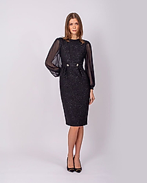 LADY GINA COMPANY YUVARLAK YAKA KOLLARI TAŞ DETAYLI KOLLARI ŞİFON BLACK ELBİSE