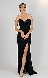 Straplez Pul Payet Derin Yırtmaçlı Siyah Abiye