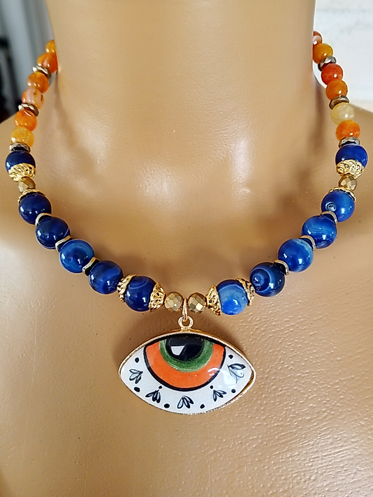 TURUNCU MAVİ AKİK SERAMİK GÖZ KOLYE