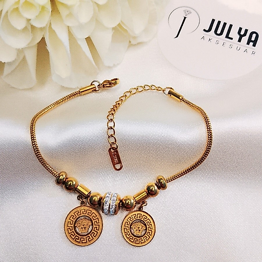 ÇELİK GOLD KARARMAZ PASLANMAZ TAŞLI YUVARLAK  SALLANTILI PANDORA BİLEKLİK