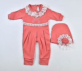 Kız Bebek Dantelli Balkabağı Desen Tulum Mercan