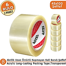 ASTEL 45x100 Şeffaf Koli Bandı Hotmelt Güçlü Yapışkan (6 Adet)