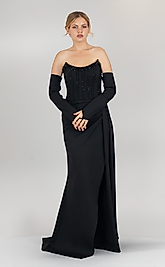 Siyah Straplez Önü Taşlı Abiye