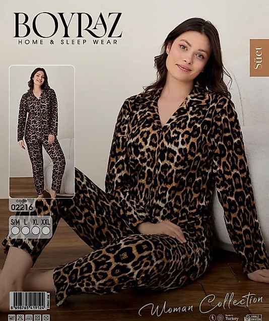 BOYRAZ LEOPARLI SÜET DÜĞMELİ UZUN KOLLU PİJAMA TAKIMI