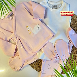 5’li Kuğu Desenli Bebek Hastane Çıkışı Seti – Pudra – Yenidoğan – %100 Pamuk