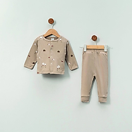 Erkek Bebek 0-12 Ay Çiftlik Desen Pijama Takımı Bej