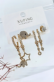 Xuping Vip Seri Fil Model Zirkon Taşlı Gold Renk 6'lı Çelik Küpe Seti (4 cm)