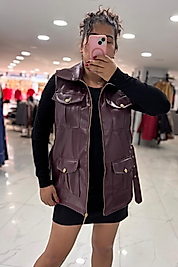 Şık Tasarım Suni Deri Yelek - Bordo