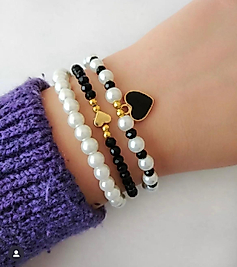 3lü Siyah Beyaz Boncuk Bileklik Set