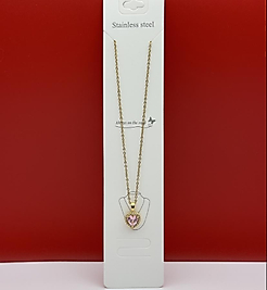 Pembe taşlı kalp kolye çelik gold