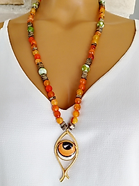 AKİK  VE  SERAMİK GÖZ  UCU UZUN   KOLYE