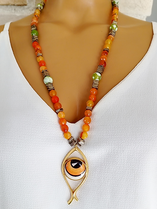 AKİK  VE  SERAMİK GÖZ  UCU UZUN   KOLYE