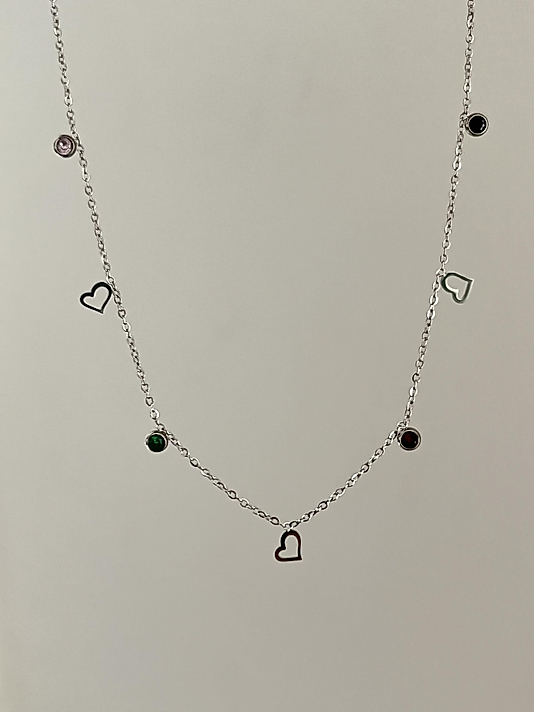 Çelik Çoklu Taş Detaylı Silver Kalp Kolye