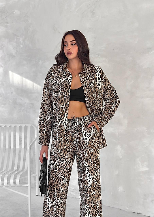 Gabardin Kumaş Leopar Desen İkili Takım