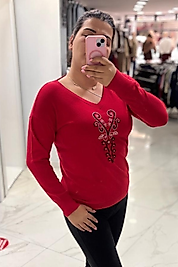 V Yaka Taş İşlemeli Kırmızı Angora Kazak