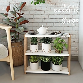 Simge 3 Katlı Ahşap Çiçeklik, Saksılık, Çiçek Standı / Dekoratif Raf / Çok Amaçlı Kullanım ( Beyaz )