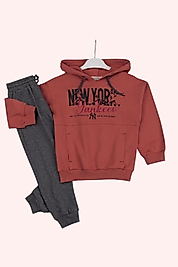 Erkek Çocuk Kapüşonlu Eşofman Takımı – Kiremit & Antrasit (3-7 Yaş)