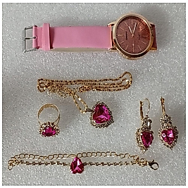 ( 6 X PARÇA ) TIME ROSE RED SAAT + KALP KUPE +KOLYE + BİLEKLİK + YÜZÜK TAKI SETİ GÜL KIRMIZISI